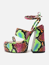 Snakeskin Platform Lace-Up Round-Toe Flared Chunky Heel Sandals For Women